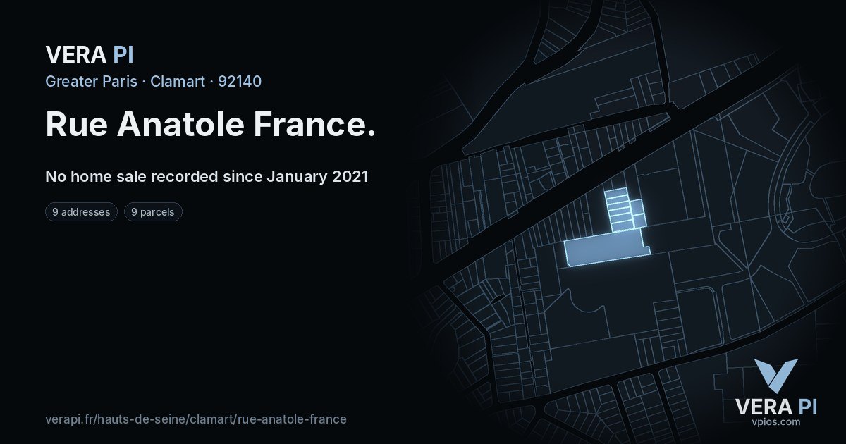 Rue Anatole France, Clamart at night – every parcel coloured by the prices around it, the street's own parcels lit