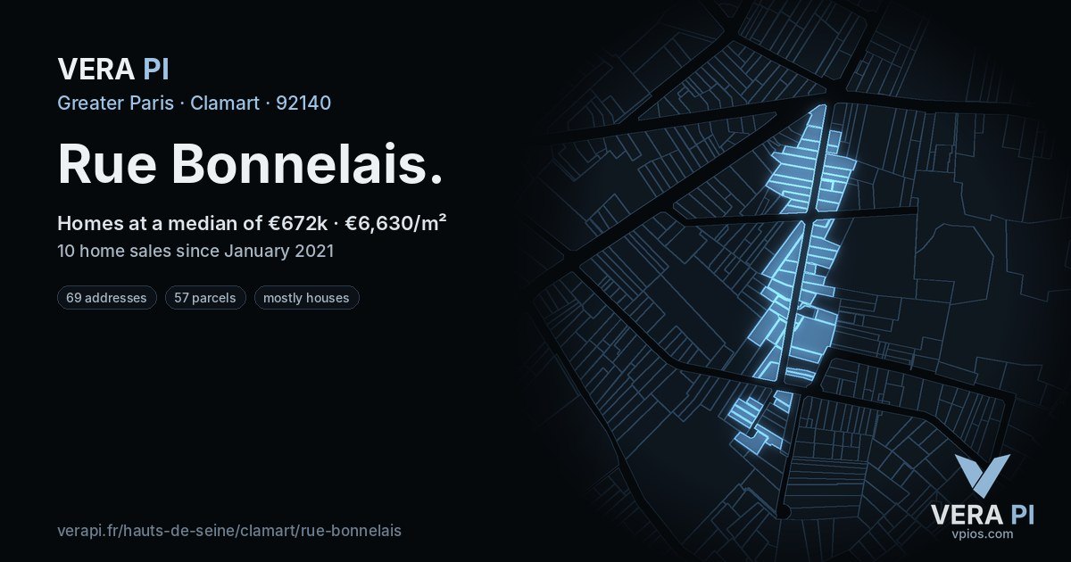 Rue Bonnelais, Clamart at night – every parcel coloured by the prices around it, the street's own parcels lit