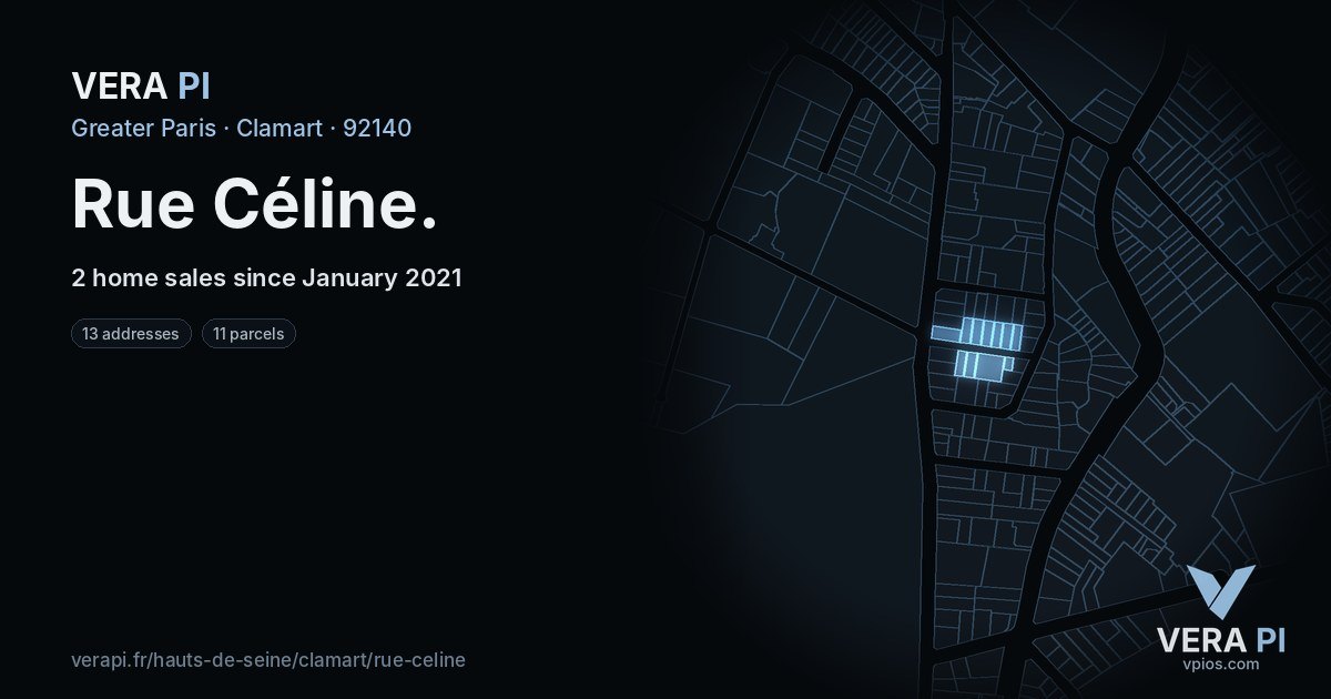 Rue Céline, Clamart at night – every parcel coloured by the prices around it, the street's own parcels lit