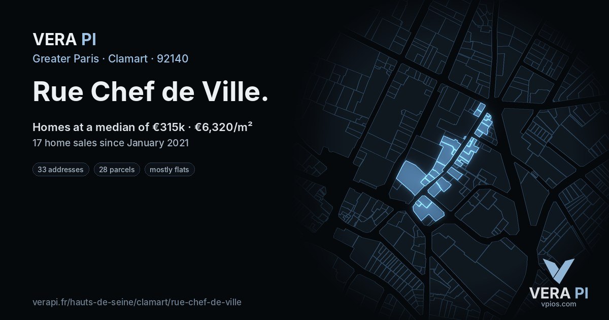 Rue Chef de Ville, Clamart at night – every parcel coloured by the prices around it, the street's own parcels lit