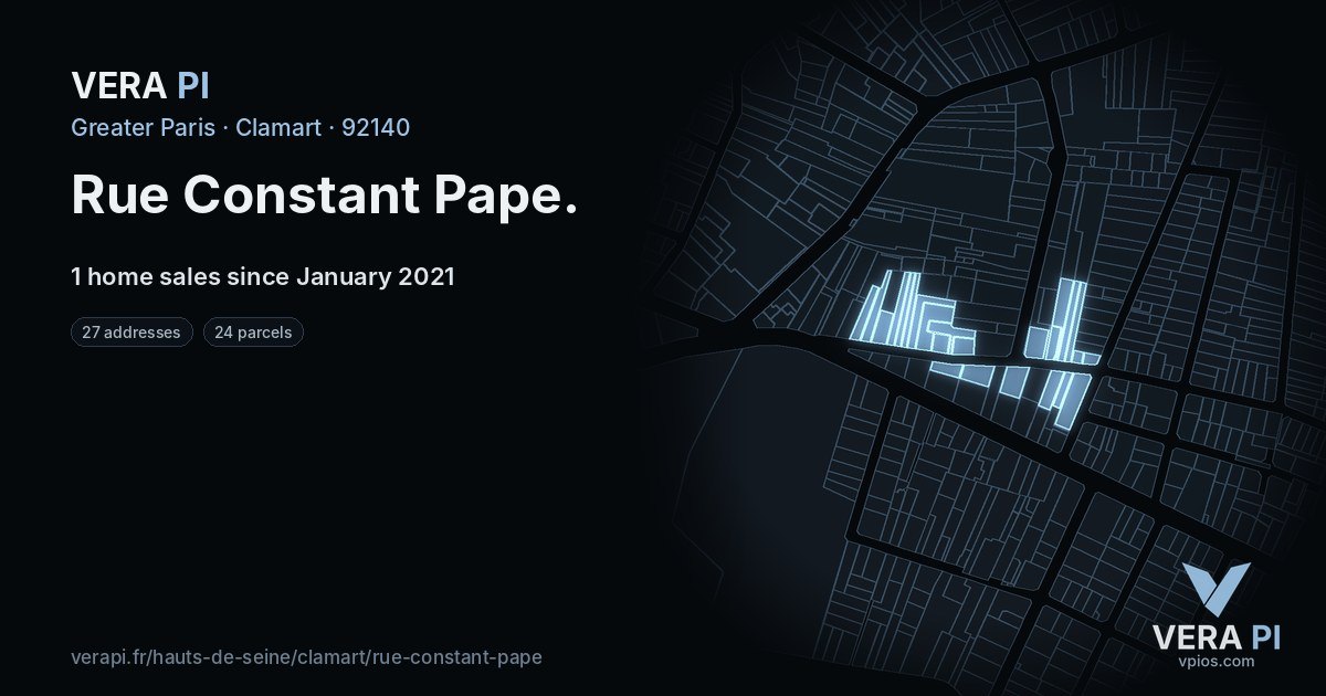 Rue Constant Pape, Clamart at night – every parcel coloured by the prices around it, the street's own parcels lit
