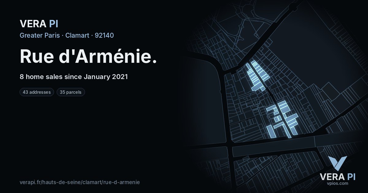 Rue d'Arménie, Clamart at night – every parcel coloured by the prices around it, the street's own parcels lit