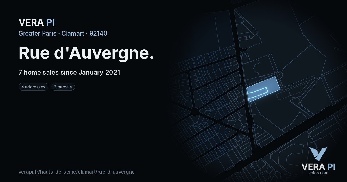Rue d'Auvergne, Clamart at night – every parcel coloured by the prices around it, the street's own parcels lit