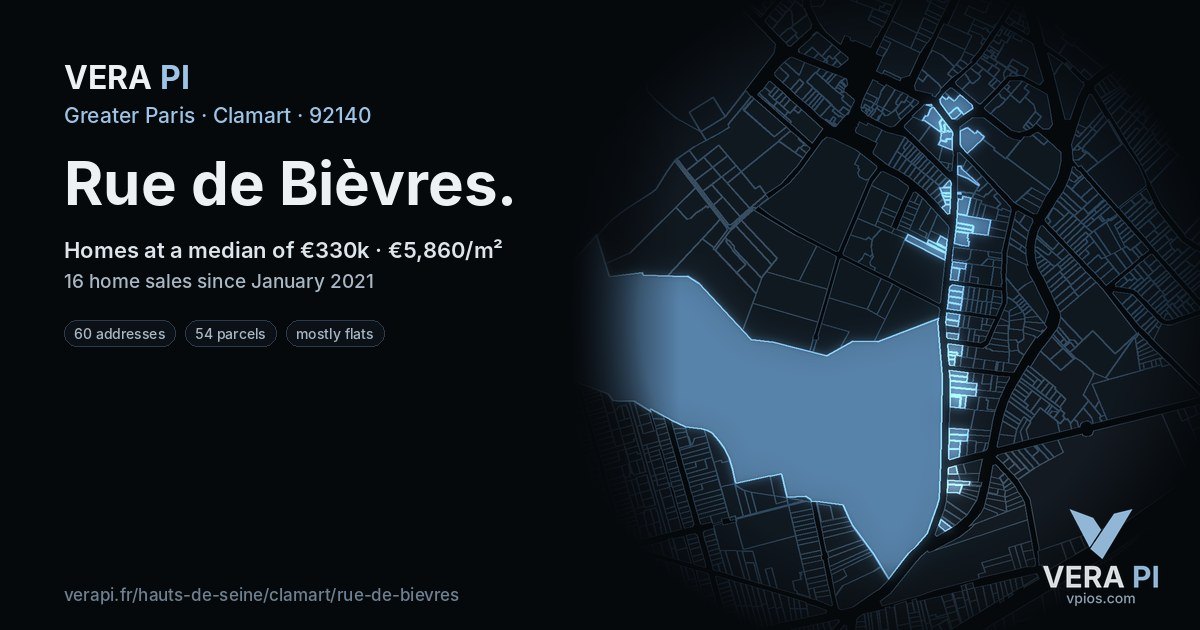 Rue de Bièvres, Clamart at night – every parcel coloured by the prices around it, the street's own parcels lit