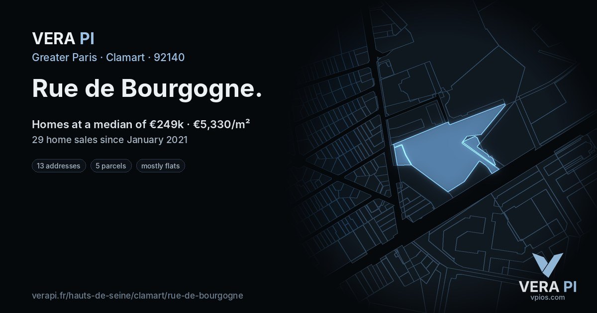 Rue de Bourgogne, Clamart at night – every parcel coloured by the prices around it, the street's own parcels lit