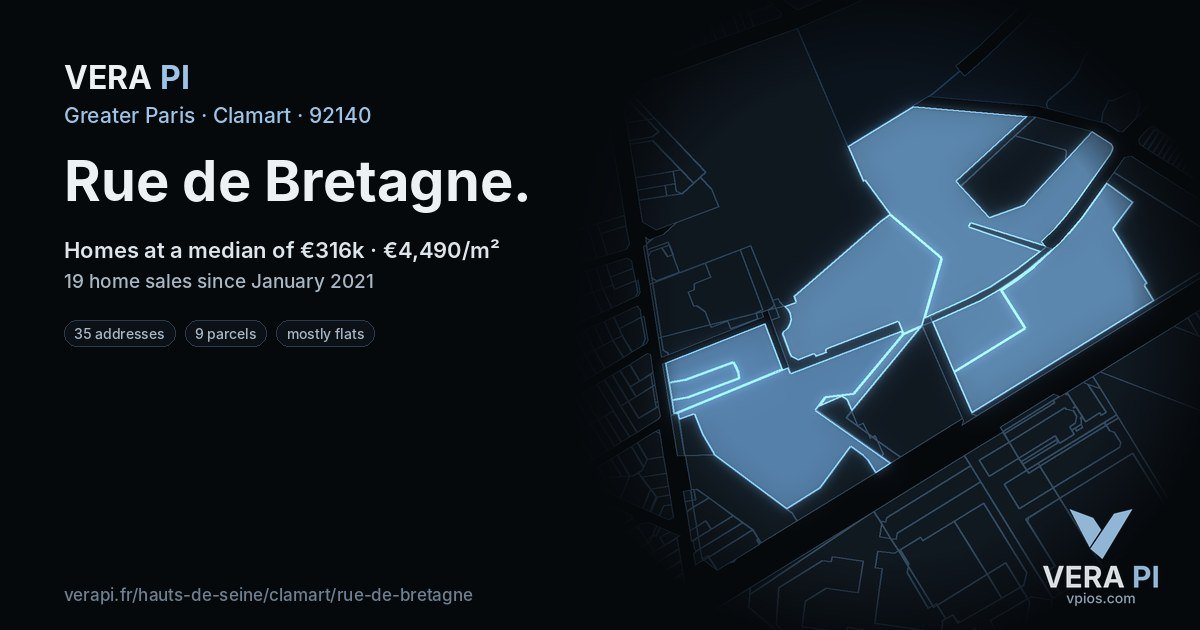 Rue de Bretagne, Clamart at night – every parcel coloured by the prices around it, the street's own parcels lit