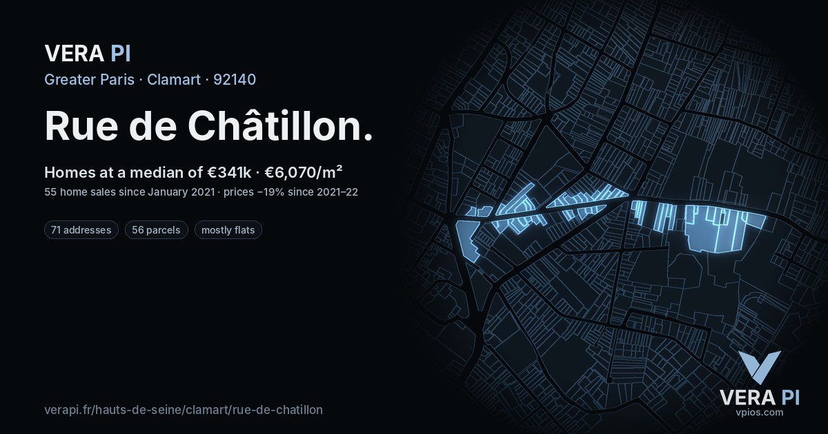 Rue de Châtillon, Clamart at night – every parcel coloured by the prices around it, the street's own parcels lit