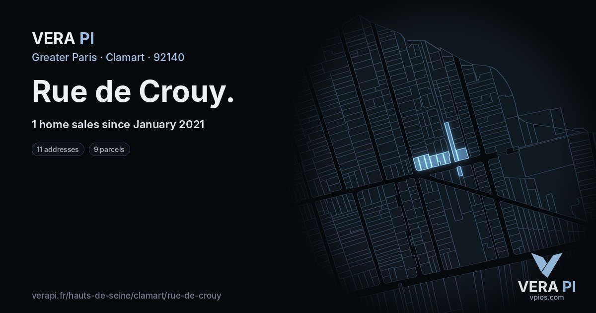 Rue de Crouy, Clamart at night – every parcel coloured by the prices around it, the street's own parcels lit