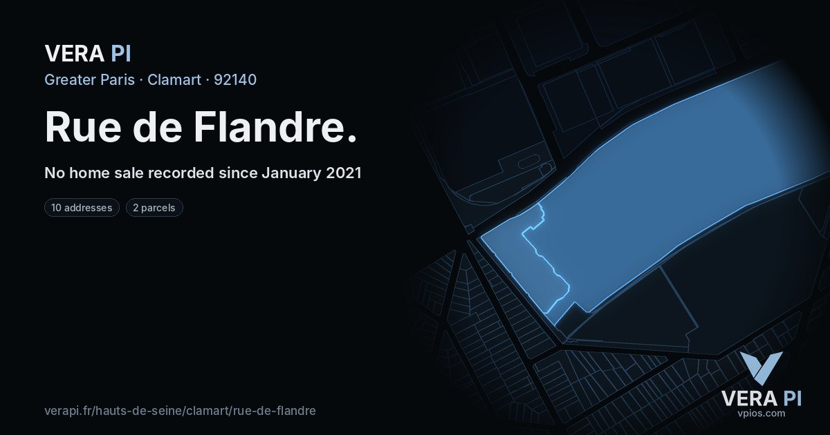 Rue de Flandre, Clamart at night – every parcel coloured by the prices around it, the street's own parcels lit