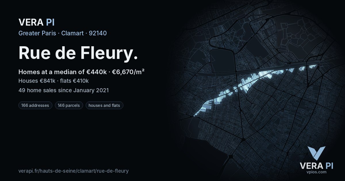 Rue de Fleury, Clamart at night – every parcel coloured by the prices around it, the street's own parcels lit