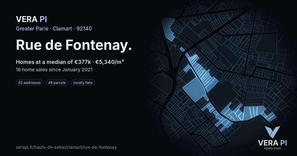 Rue de Fontenay, Clamart at night – every parcel coloured by the prices around it, the street's own parcels lit