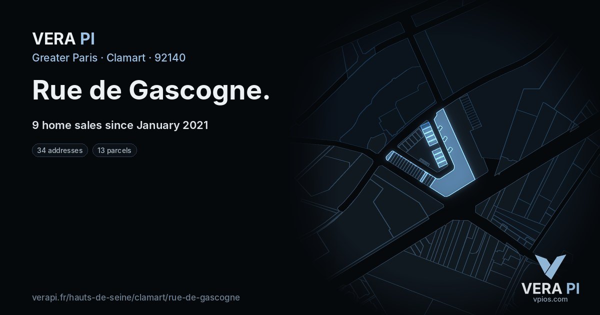 Rue de Gascogne, Clamart at night – every parcel coloured by the prices around it, the street's own parcels lit