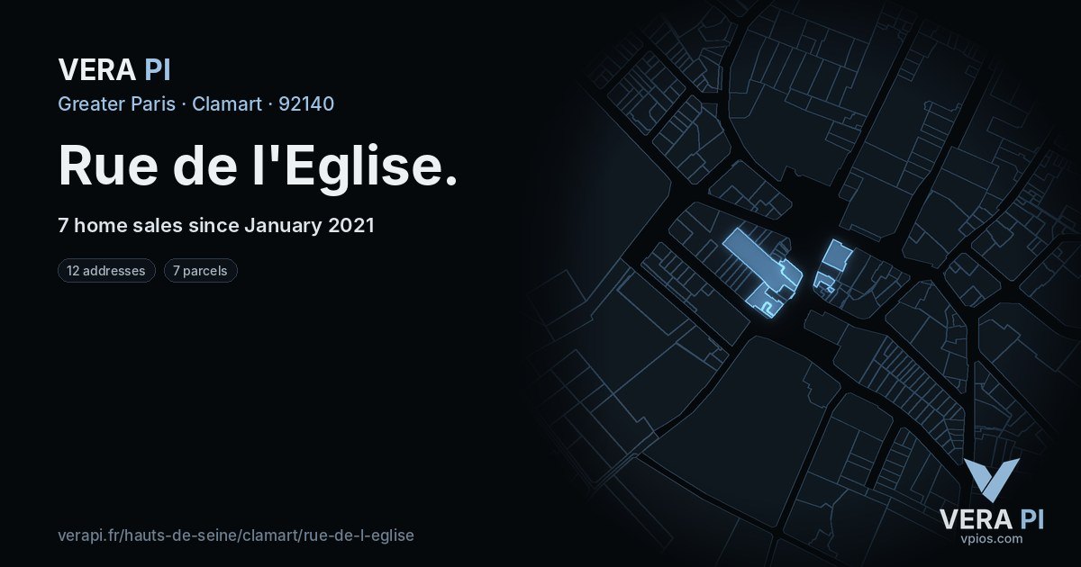 Rue de l'Eglise, Clamart at night – every parcel coloured by the prices around it, the street's own parcels lit
