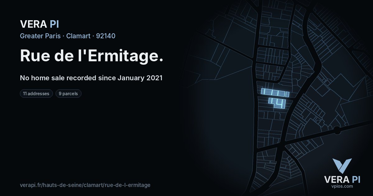 Rue de l'Ermitage, Clamart at night – every parcel coloured by the prices around it, the street's own parcels lit