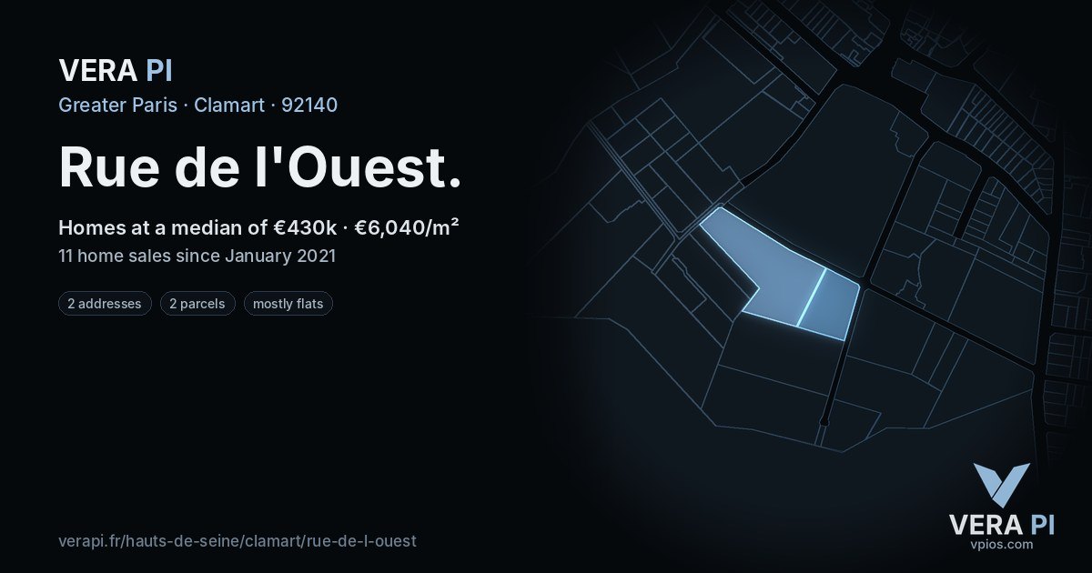 Rue de l'Ouest, Clamart at night – every parcel coloured by the prices around it, the street's own parcels lit
