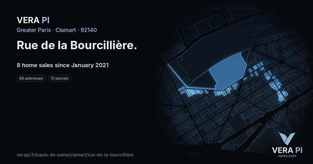 Rue de la Bourcillière, Clamart at night – every parcel coloured by the prices around it, the street's own parcels lit