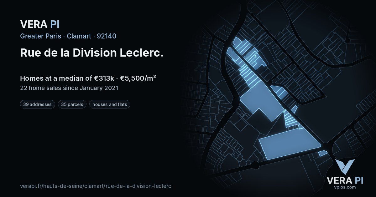 Rue de la Division Leclerc, Clamart at night – every parcel coloured by the prices around it, the street's own parcels lit