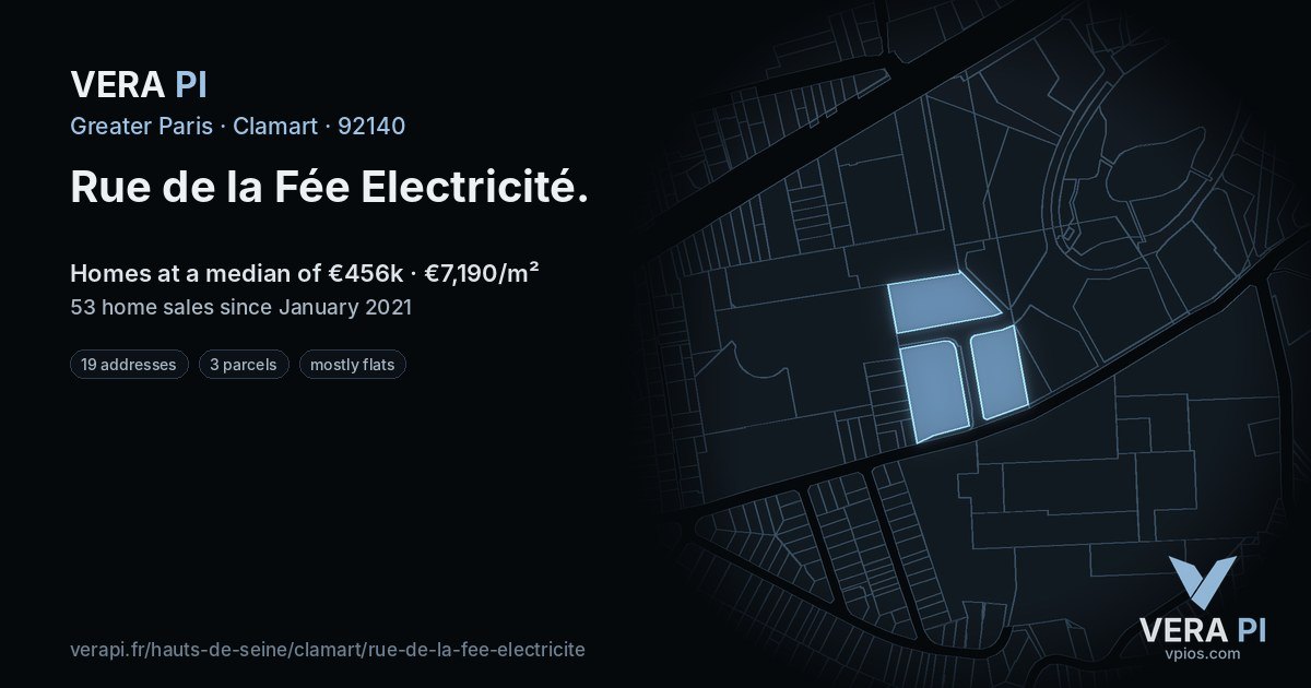 Rue de la Fée Electricité, Clamart at night – every parcel coloured by the prices around it, the street's own parcels lit