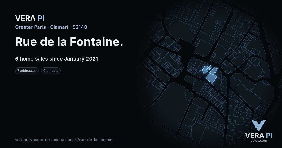 Rue de la Fontaine, Clamart at night – every parcel coloured by the prices around it, the street's own parcels lit