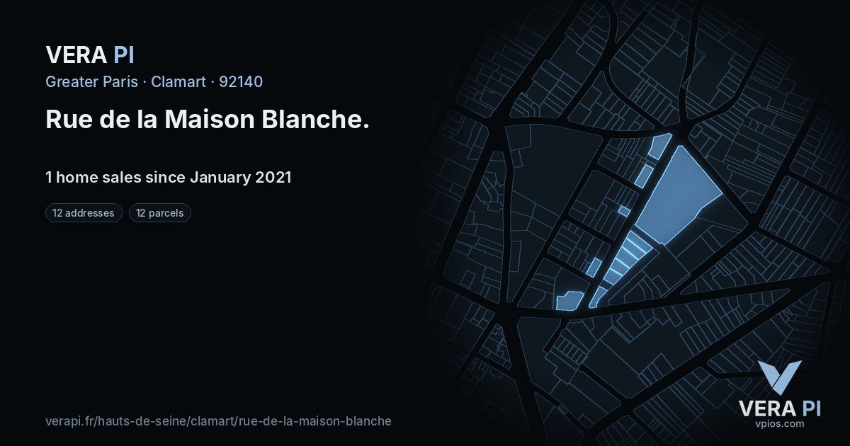 Rue de la Maison Blanche, Clamart at night – every parcel coloured by the prices around it, the street's own parcels lit