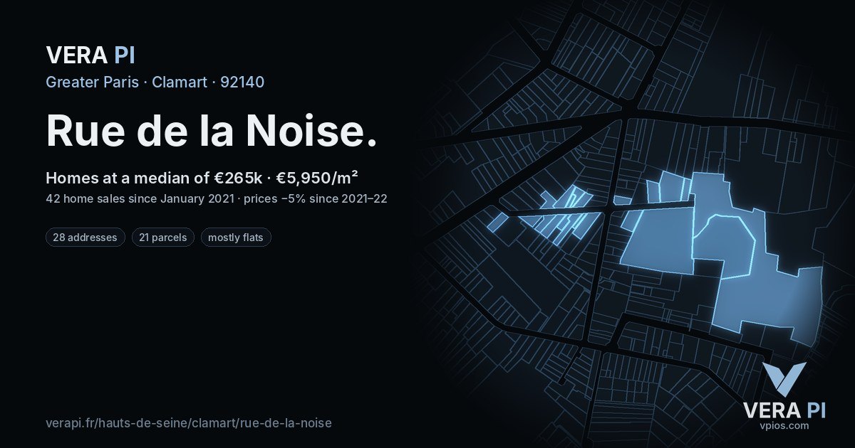 Rue de la Noise, Clamart at night – every parcel coloured by the prices around it, the street's own parcels lit