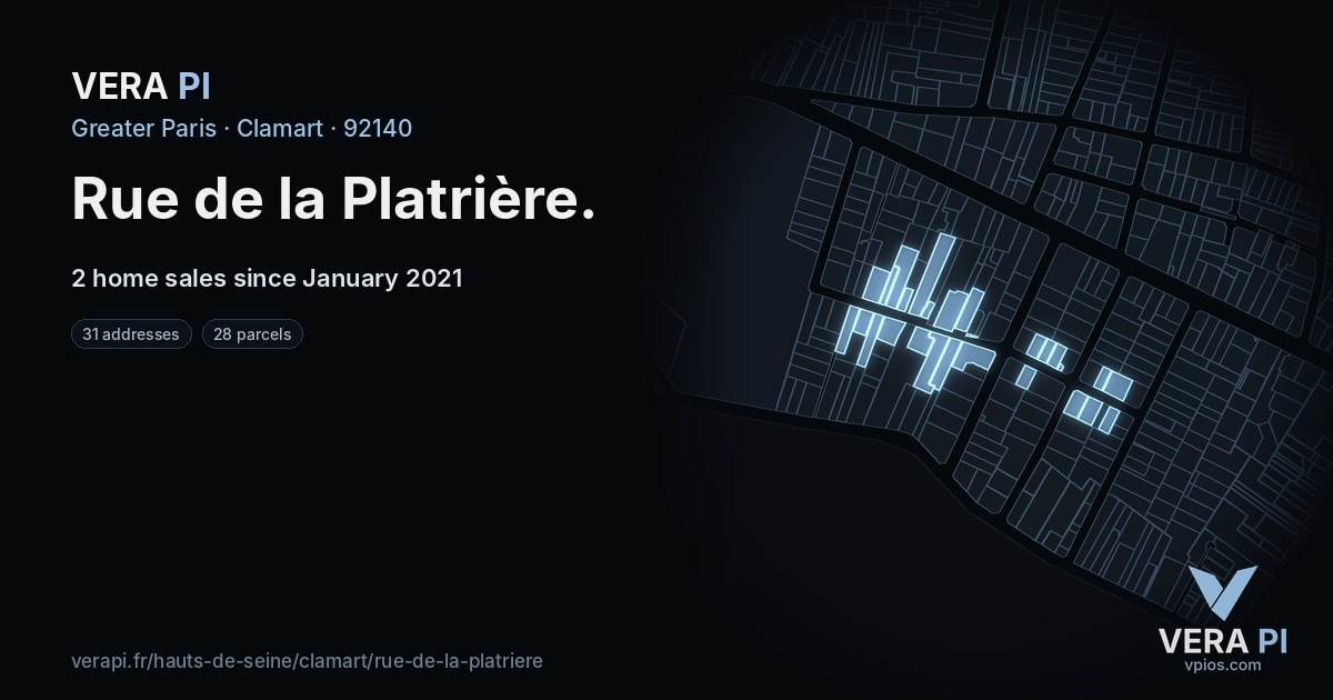 Rue de la Platrière, Clamart at night – every parcel coloured by the prices around it, the street's own parcels lit