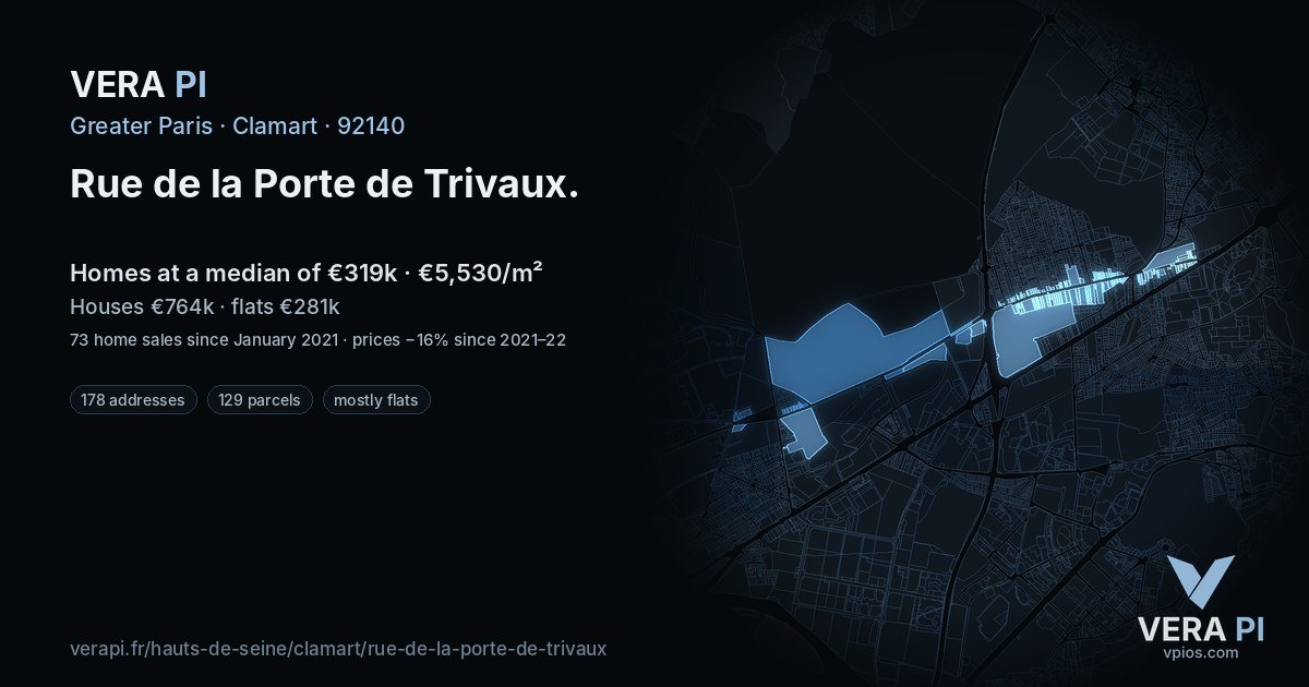 Rue de la Porte de Trivaux, Clamart at night – every parcel coloured by the prices around it, the street's own parcels lit