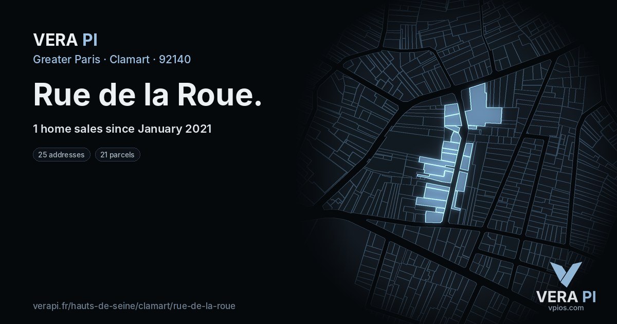 Rue de la Roue, Clamart at night – every parcel coloured by the prices around it, the street's own parcels lit