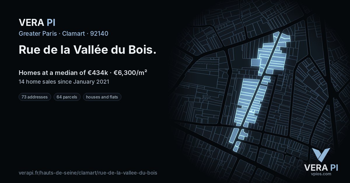 Rue de la Vallée du Bois, Clamart at night – every parcel coloured by the prices around it, the street's own parcels lit