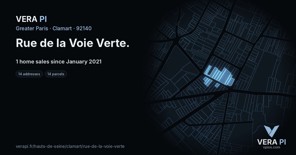Rue de la Voie Verte, Clamart at night – every parcel coloured by the prices around it, the street's own parcels lit