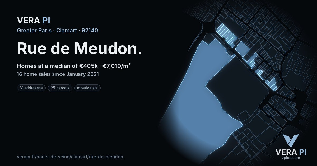 Rue de Meudon, Clamart at night – every parcel coloured by the prices around it, the street's own parcels lit