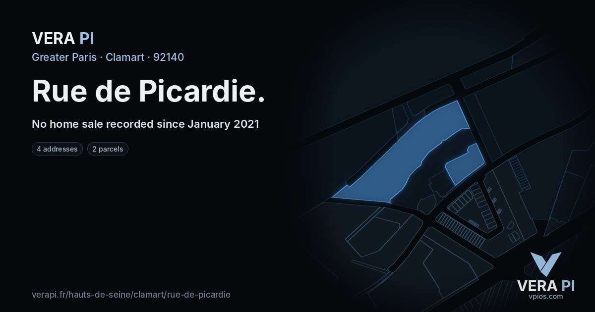 Rue de Picardie, Clamart at night – every parcel coloured by the prices around it, the street's own parcels lit