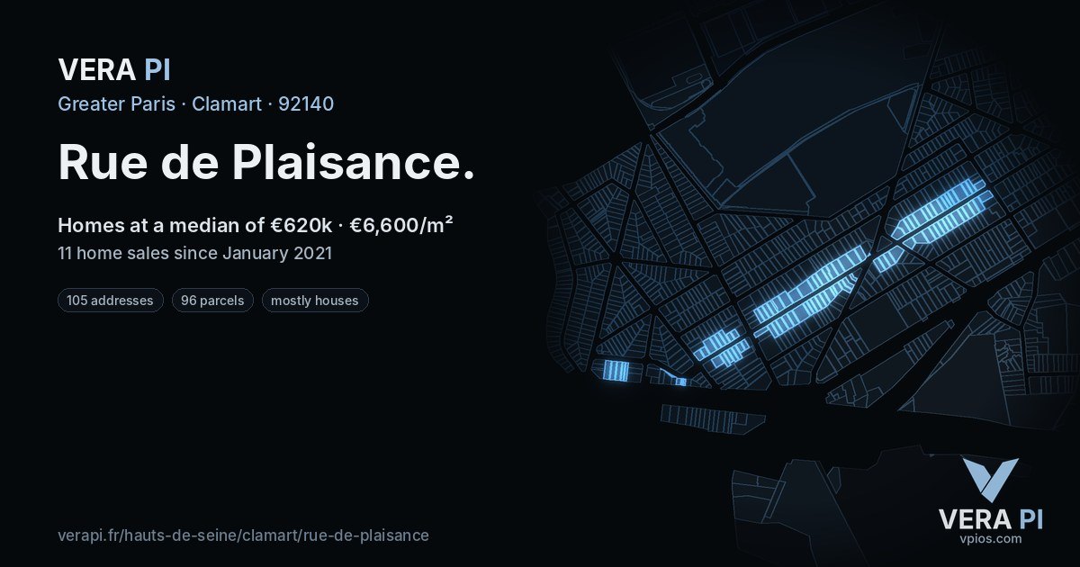 Rue de Plaisance, Clamart at night – every parcel coloured by the prices around it, the street's own parcels lit