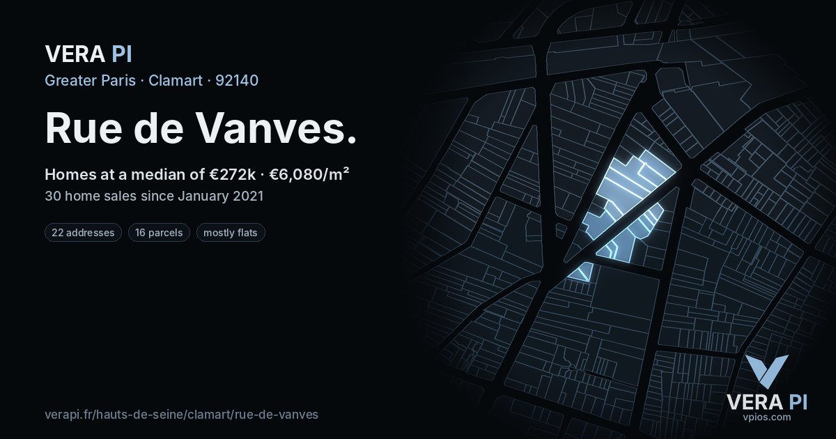 Rue de Vanves, Clamart at night – every parcel coloured by the prices around it, the street's own parcels lit