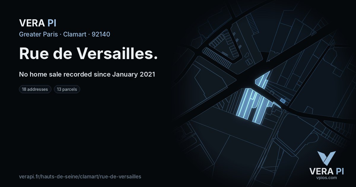 Rue de Versailles, Clamart at night – every parcel coloured by the prices around it, the street's own parcels lit