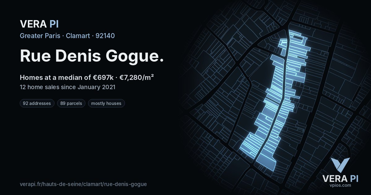 Rue Denis Gogue, Clamart at night – every parcel coloured by the prices around it, the street's own parcels lit