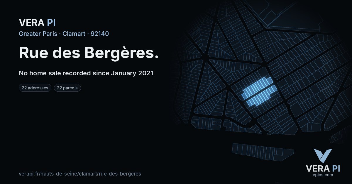 Rue des Bergères, Clamart at night – every parcel coloured by the prices around it, the street's own parcels lit