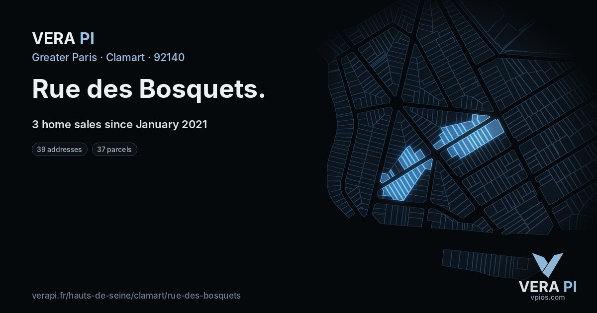 Rue des Bosquets, Clamart at night – every parcel coloured by the prices around it, the street's own parcels lit