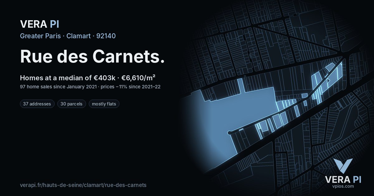 Rue des Carnets, Clamart at night – every parcel coloured by the prices around it, the street's own parcels lit
