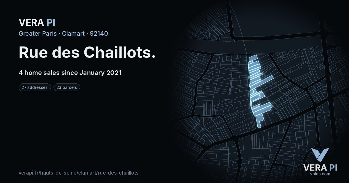 Rue des Chaillots, Clamart at night – every parcel coloured by the prices around it, the street's own parcels lit