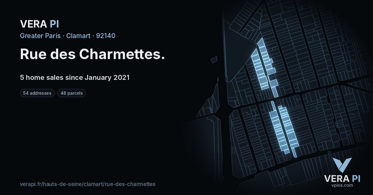Rue des Charmettes, Clamart at night – every parcel coloured by the prices around it, the street's own parcels lit
