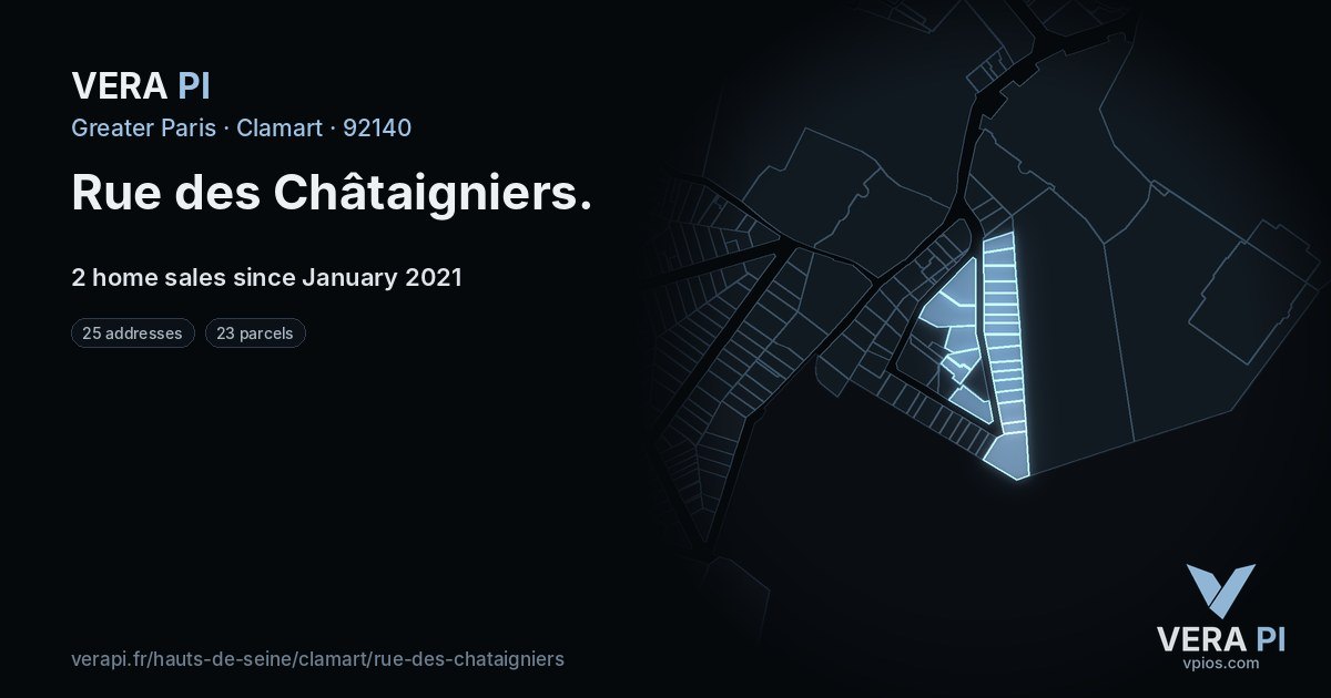 Rue des Châtaigniers, Clamart at night – every parcel coloured by the prices around it, the street's own parcels lit