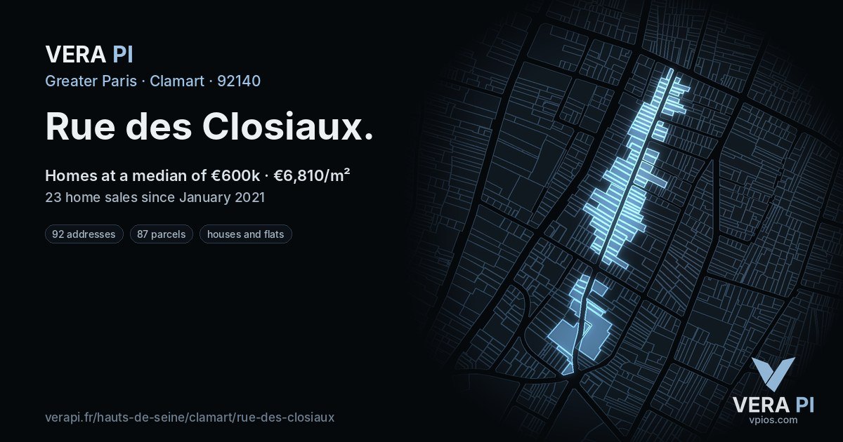 Rue des Closiaux, Clamart at night – every parcel coloured by the prices around it, the street's own parcels lit