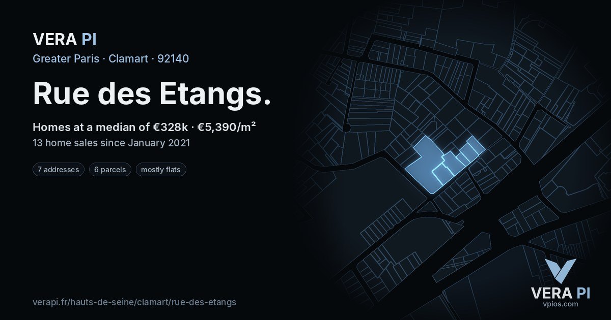 Rue des Etangs, Clamart at night – every parcel coloured by the prices around it, the street's own parcels lit