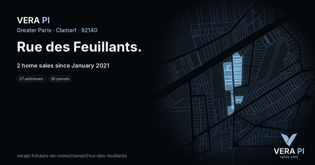 Rue des Feuillants, Clamart at night – every parcel coloured by the prices around it, the street's own parcels lit