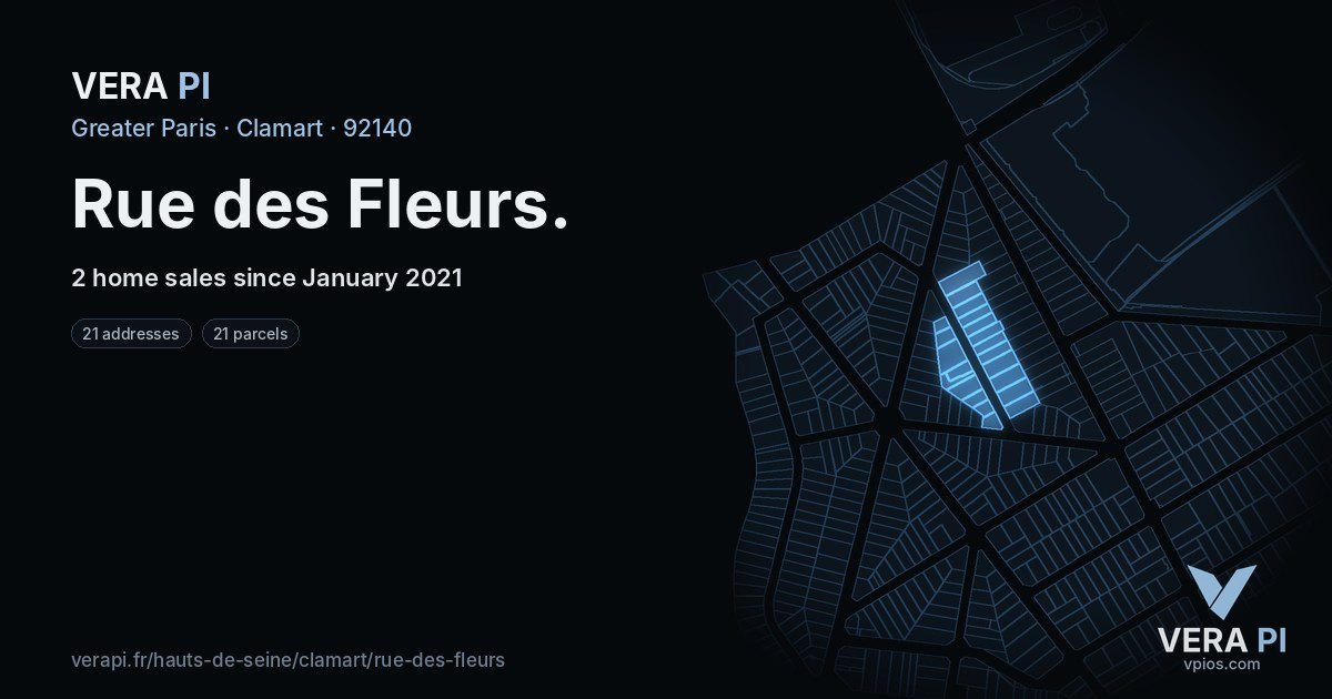 Rue des Fleurs, Clamart at night – every parcel coloured by the prices around it, the street's own parcels lit