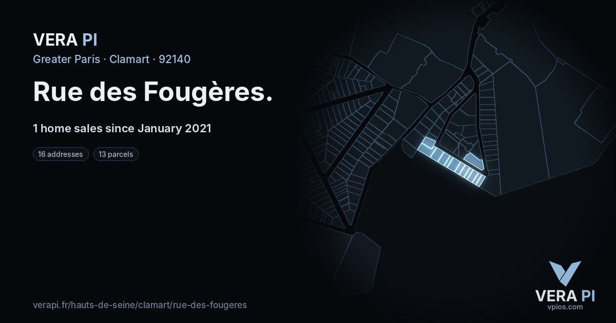 Rue des Fougères, Clamart at night – every parcel coloured by the prices around it, the street's own parcels lit