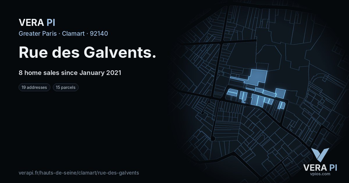 Rue des Galvents, Clamart at night – every parcel coloured by the prices around it, the street's own parcels lit
