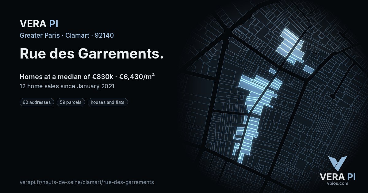 Rue des Garrements, Clamart at night – every parcel coloured by the prices around it, the street's own parcels lit