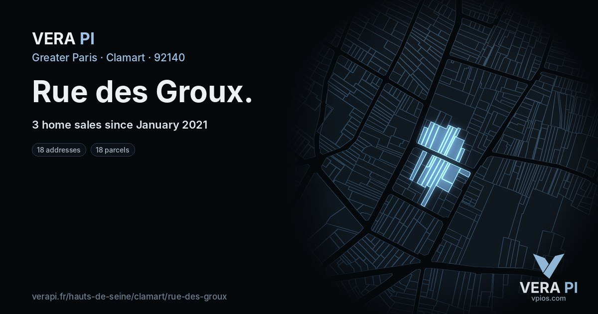 Rue des Groux, Clamart at night – every parcel coloured by the prices around it, the street's own parcels lit